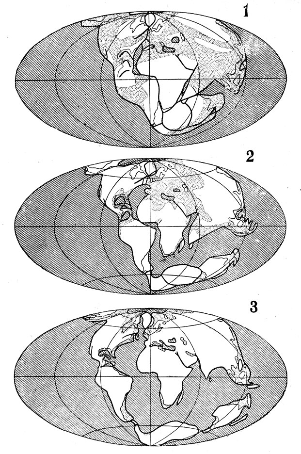 Перемещение материков (по Вегенеру): 1 - первоначальный материк 'Пангеа' (белое - суша, точки - неглубокое море на поверхности сиалической коры); 2 - расположение материков в третичном периоде; 3 - то же в начале четвертичного периода 