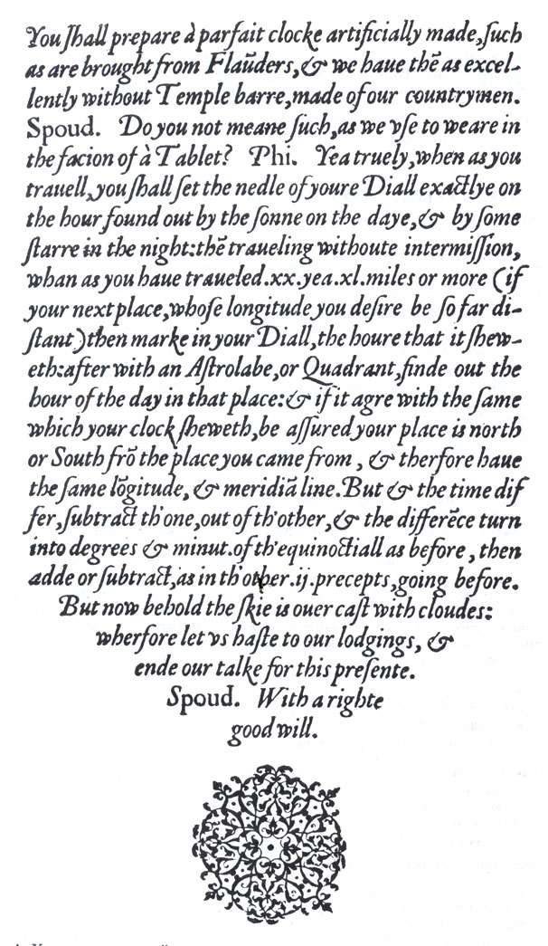 4. Хронометрический метод определения долготы - английское описание, 1559 г. Из труда У. Канингэма 'Космографическое зеркало' (The Cosmographical Glasse, 1559). (Национальный морской музей.)