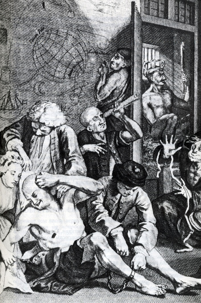 16. 'Долготный безумец'. Деталь картины Хогарта из серии 'Карьера мота', 1735 г. (Британский музей.)
