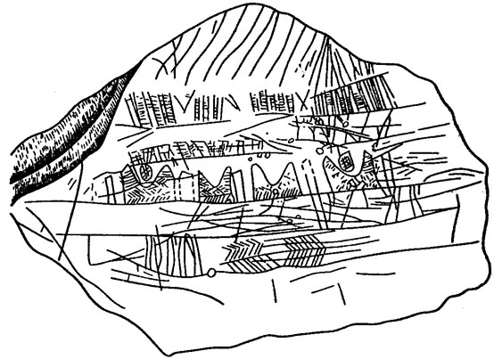 Рис. 1. Рисунок местности на мамонтовом бивне (XIII тысячелетие до н. э.)