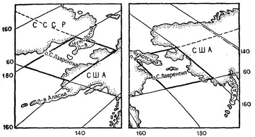Рис. 16. Изображение Чукотки и Аляски в различных углах карты