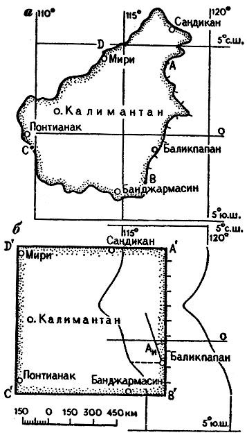Рис. 23. Карта острова Калимантан (а) и составленная по ней карта в виде квадрата (б)