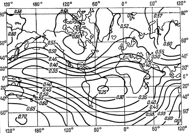 Рис. 2. Карта изолиний величины индукции геомагнитного поля (гс) на 1945 г.