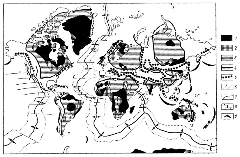 Рис. 4. Главные тектонические структуры современной Земли. Материки: 1 - докембрийские платформы; 2 - щиты; 3 - древние ядра платформ; 4 - первичные дуги (поясы Альпийского орогонеза, зоны сжатия); 5 - офиолитовые зоны. Океаны: 6 - контуры срединно-океанических хребтов; 7 - рифтовые долины (зоны растяжения); 8 - поперечные разломы; 9 - глубоководные желобы. 