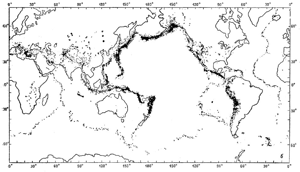 Рис. 8, б. Очаги умеренных землетрясений, зарегистрированных в 1961 - 1967 гг.