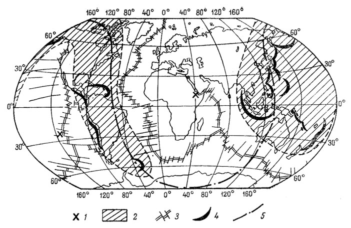 Рис. 15. Схема возможного расположения восходящих и нисходящих мантийных потоков по О. Г. Сорохтину [23]. 1 - центры восходящих потоков; 2 - области нисходящих потоков; 3 - рифтовые зоны; 4 - современные развивающиеся геосинклинальные зоны; 5 - экваториальная линия по отношению к центру восходящего потока в  Афаре.