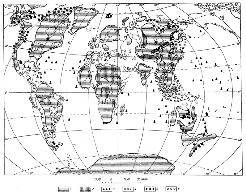 Рис. 32. Палеогеографическая схема мелового периода. 1 - суша; 2 - накопление континентальных красноцветных и сероцветных отложений; 3 - буровые скважины, вскрывшие меловые отложения на дне океана; 4 - вулканизм; 5 - угленакопление; в - эвапориты.