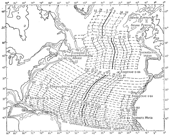 Рис. 47. Карта возрастов дна Северной Атлантики по У. Питмену и М. Тальвани (1972 г.).