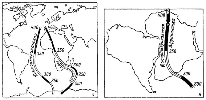 Рис. 52. Траектории движения южного полюса относительно Африки и Южной Америки в верхнем палеозое при современном размещении указанных континентов (а) и при их совмещении по линиям материковых склонов (б).