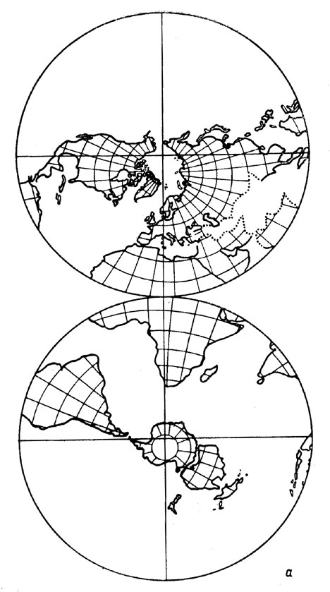 Рис. 54, а. Глобальная палеомагнитная реконструкция фанерозойского движения континентов по А. Смиту, Дж. Брайдену и Г. Дрюри (1973 г.). Эоцен (50 ± 5 млн. лет).