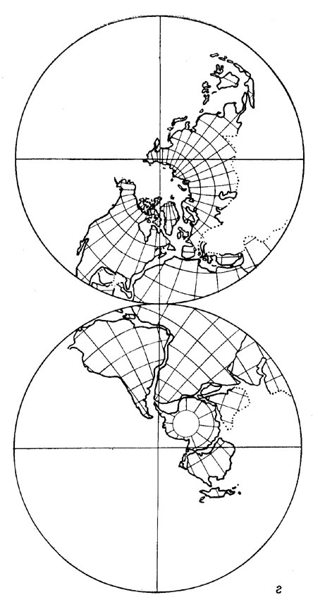 Рис. 54, г. Глобальная палеомагнитная реконструкция фанерозойского движения континентов по А. Смиту, Дж. Брайдену и Г. Дрюри (1973 г.). Триас (220 ± 20 млн. лет).