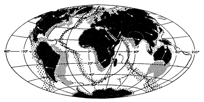 Рис. 62. Прогноз положения континентов на 50 млн. лет вперед по Р. Дитцу и Дж. Холдену [35]. Штриховкой показано современное положение континентов, редкими точками - новая океаническая кора, частыми точками - шельфовые области.