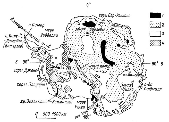 Рис. 70. Подледный рельеф Антарктиды. Высоты (м): 1 - более 2000; 2 - 0-2000; 3 - 0-1000; 4 - менее 1000.