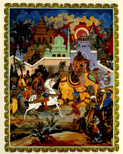 На картинах выполненными замечательными палехскими мастерами показаны на одно  -  приезд Афанасия Никитина на своём коне в сказочную Индию, а на другой - приём путешественника из России индийским купцом