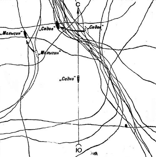 Расположение   трещин  в   районе  дрейфа  с   ноября   1937   года  по январь 1938 года. По зарисовке В. К Гордеева.