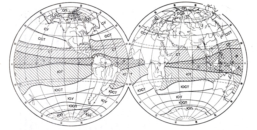 Рис. 1. Физико-географические пояса океана: CП - северный полярный; ССП - северный субполярный; СУ - северный умеренный; ССТ - северный субтропический; СТ - северный тропический; Э - экваториальный; ЮТ - южный тропический; ЮСТ - южный субтропический; ЮУ - южный умеренный; ЮСП - южный субполярный; ЮП - южный полярный.
