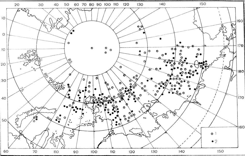 Карта расположения ДАРМС. 1 - для наблюдений за погодой и дрейфом льдов, 2 - для наблюдений только за дрейфом льдов
