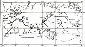 Маршруты экспедиций немагнитной шхуны 'Заря' за период 1956 - 1966 годы