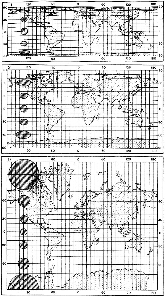 Рис. 2.2. Картографические сетки в цилиндрических проекциях: а - равновеликой; б - равнопромежуточной; в - равноугольной (Меркатора)