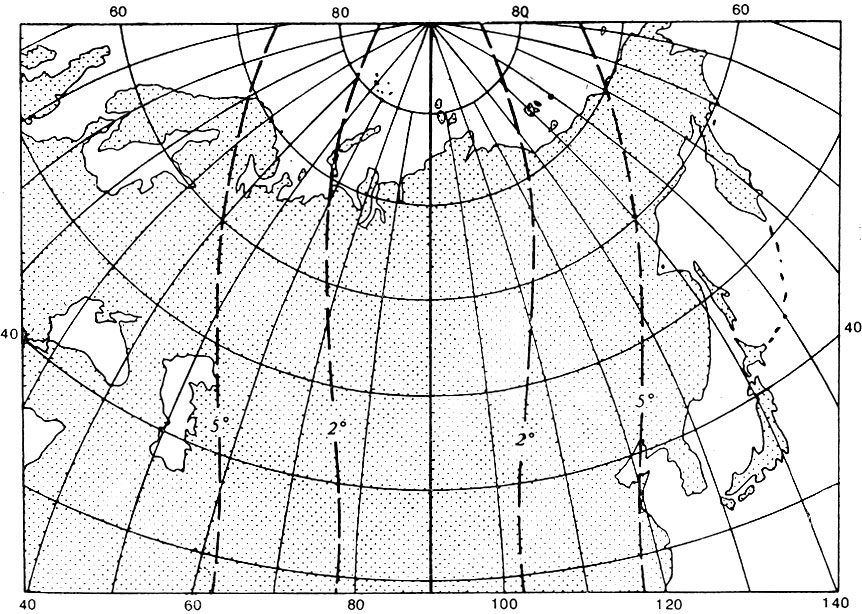 Рис. 2.10. Картографическая сетка в одной из поликонических проекций  (с изоколами углов)
