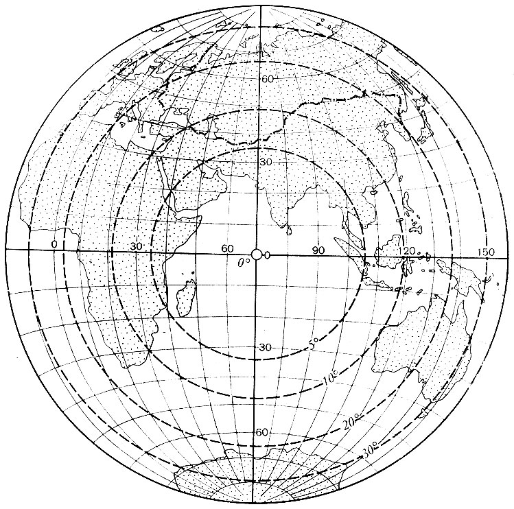 Рис. 2.15. Картографическая сетка в экваториальной равновеликой азимутальной проекции (Ламберта) с изоколами углов