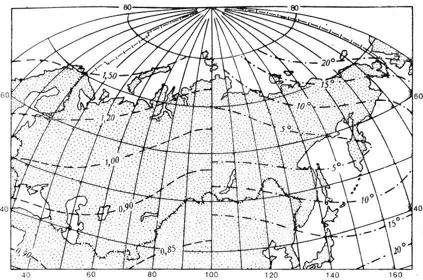 Рис. 2.18. Картографическая сетка    для карт СССР в произвольной    проекции ЦНИИГАиК    с изоколами    площадей    (на левой    половине рисунка)  и углов (справа)