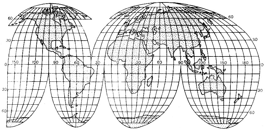Рис. 2.23. Картографическая сетка для карты мира в псевдоцилиндрической проекции с разрывами по океанам