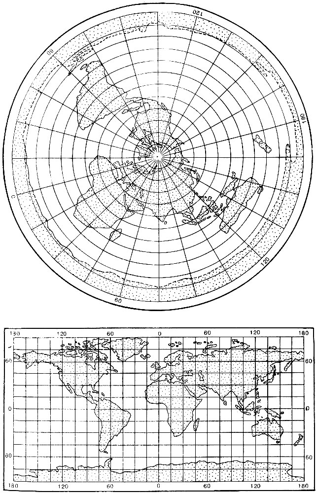 Рис  2. 26.  Карты мира в нормальной   равнопромежуточной    азимутальной   и нормальной равнопромежуточной цилиндрической проекциях