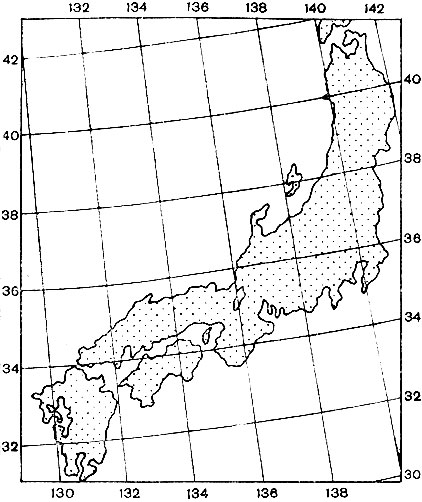 Рис. 2.27. Схема карты Японии с косым положением     картографической     сетки (из Атласа мира, 1967)