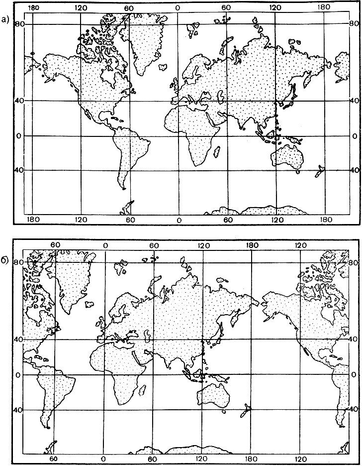 Рис. 2.28. Карта мира в проекции Меркатора: а - с центральным  меридианом   10sup°/sup к востоку от Гринвича;  б - с центральным меридианом 100sup°/sup к востоку от Гринвича