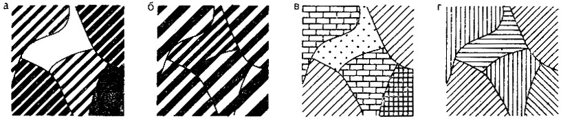 Рис. 3.5. Площадные знаки, различающиеся: а - по светлоте;  б - структуре; в - рисунку заполняющих обозначений; г - ориентировке штриховок