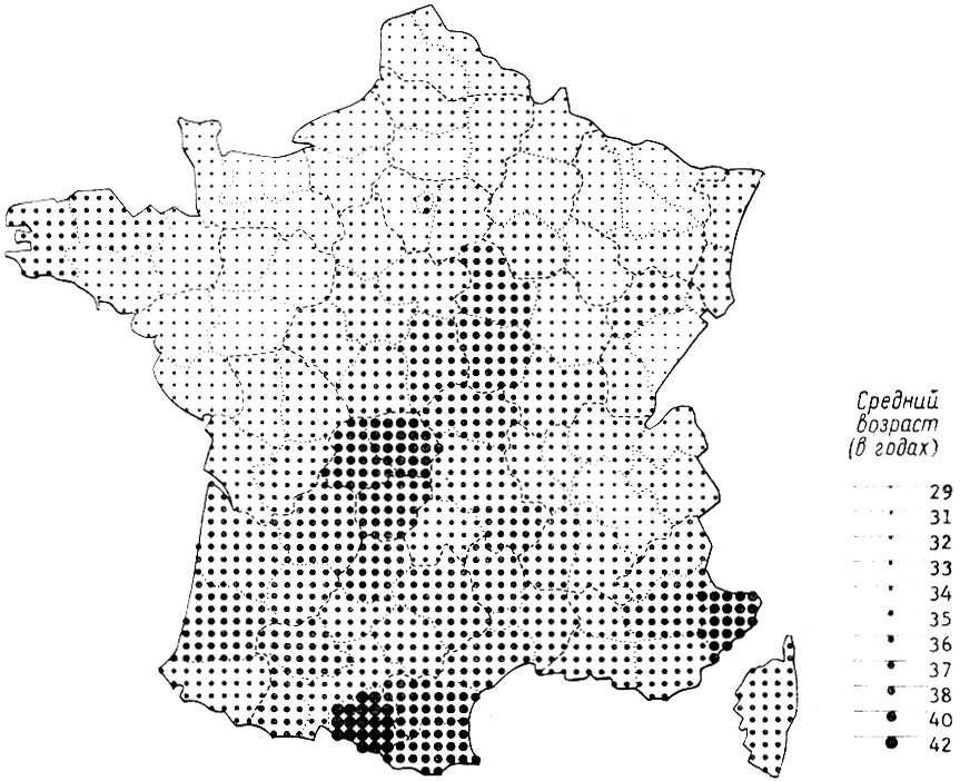 Рис. 3.40. Фрагмент картограммы, выполненной на модифицированной АЦПУ. Средний возраст населения Франции  (по департаментам),  1962 г.  (по Ж. Бертэну)