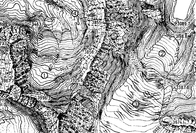 Рис. 4.9. Изображение резких нарушений рельефа на топографической карте: 1 - фирновые  поля   (вечные  снега);   2 - ледники;   3 - ледниковые трещины;  4 - каменные  осыпи;  5 - скалы и скальные   обрывы