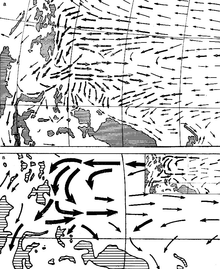 Рис. 6.14. Обобщение системы векторов, показывающих течения Тихого океана: а - исходная карта; б - обобщенная карта мелкого масштаба, выделяющая генеральные направления течений;  в - увеличение генерализованного   изображения до масштаба исходной карты