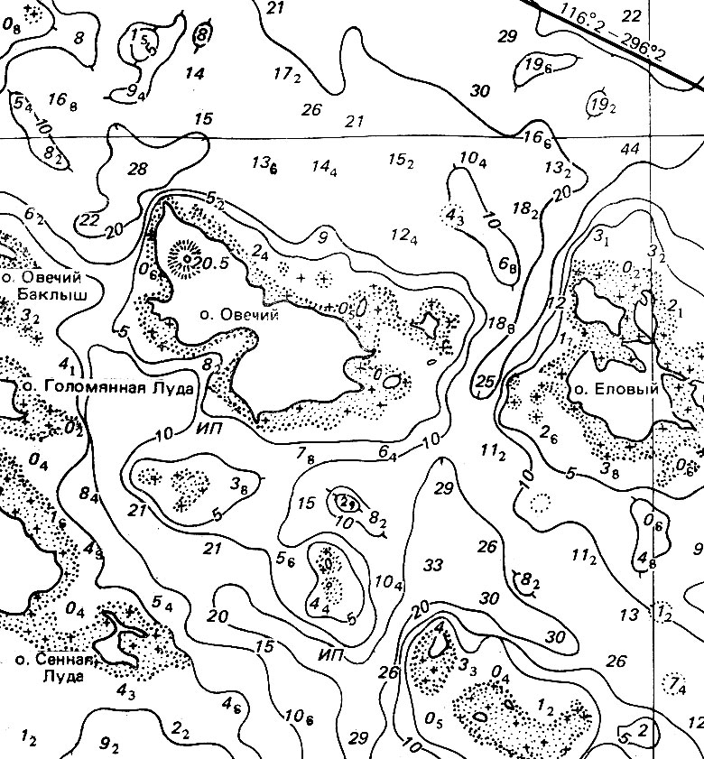 Рис. 8.3. Фрагмент листа морской навигационной карты  (одноцветная репродукция многокрасочной карты)