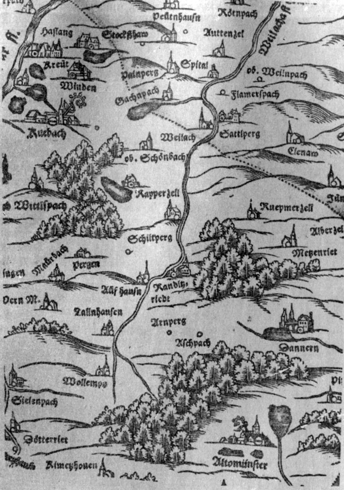 Рис. 13.8. Фрагмент карты масштаба  1 : 144 000 из Атласа Баварии Филиппа Апиана (1568 г.)