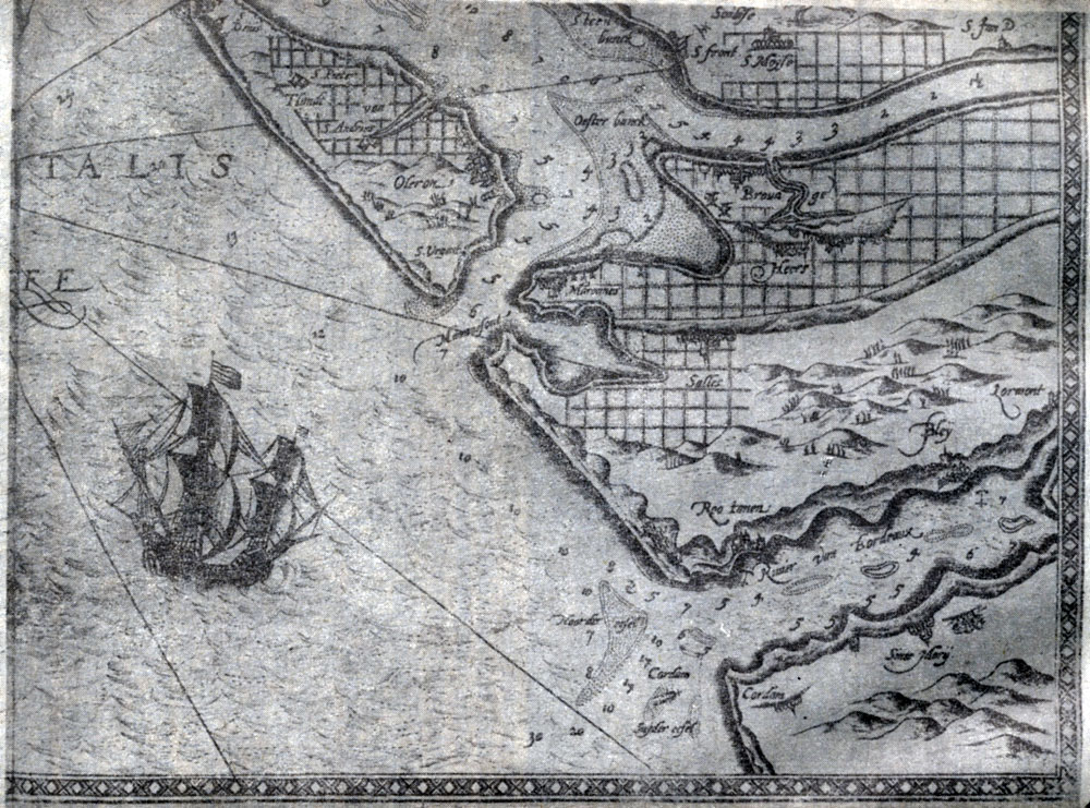Рис. 13.11. Фрагмент карты побережья Франции из «Зеркала мореплавания»-атласа морских навигационных карт Вагенера (1584-1585 гг.)