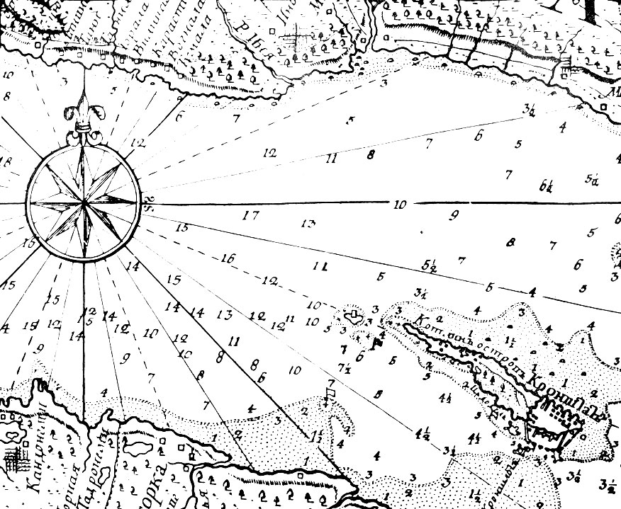 Рис. 14.8. Фрагмент морской карты Финского залива из Атласа всего Балтийского моря А. И. Нагаева  (1756 г.). Компасные сетки, введенные на портоланах, сохранились на навигационных картах до конца XVIII в.