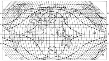 Рис. 2.8 Картографическая сетка в одной из псевдоцилиндрических проекций (с изоколами углов)