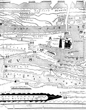 Рис. 12.7 Часть Пёйтингеровой таблицы - римской дорожной карты IV в.; воспроизведена с уменьшением более чем в 2 раза