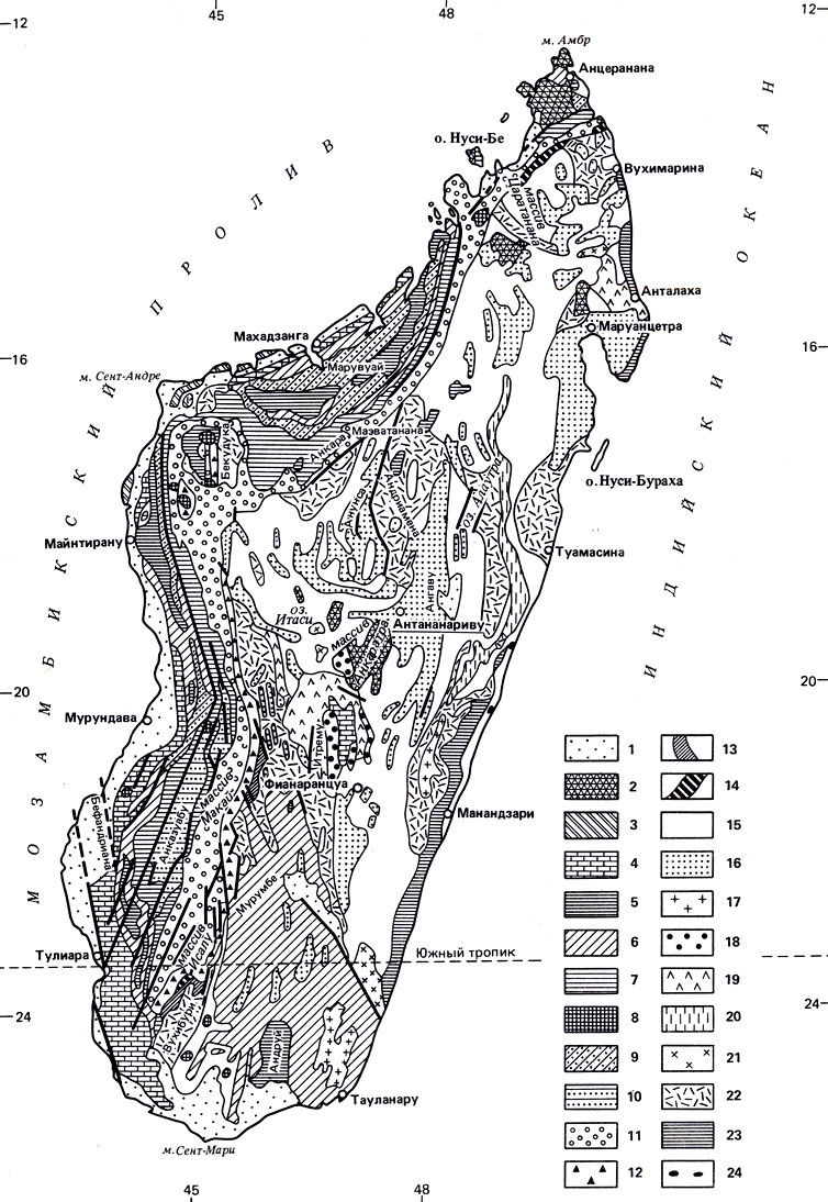 Рис. 1.2. Геологическая карта Мадагаскара (из Атласа Мадагаскара)