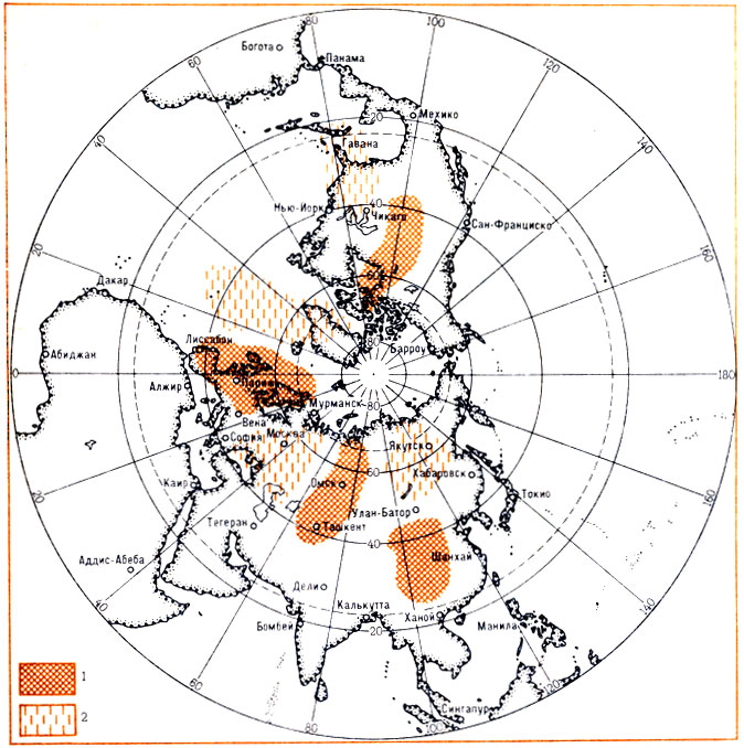 Области положительных (1) и отрицательных (2) аномалий температуры воздуха, сохранявшихся в июне, июле и августе 1976 г.