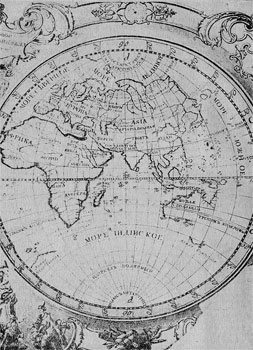 Карта восточного полушария из атласа для юношества, изданного Академией наук в 1737г. На этой карте уже имеется некоторое представление о Чукотском полуострове.