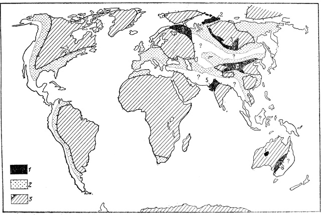 Рис. 9. Схема современного положения байкалид. 1 - эпибайкальские платформенные области: 1 - Тимано-Печорская, 2 - Северо-Таймырская, 3 - Байкальская, 4 - Алашаньская, 5 - Аравалийская, 6 - Флиндерс; 2 - байкалиды, предположительно существовавшие к началу палеозойской эры, но впоследствии переработанные более молодыми эпохами диастрофизма; 3 - эпикарельские платформы