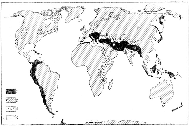 Рис. 21. Схема современного положения кайнозойских структур. 1 - области альпийской складчатости: 1 - Северо-Американская, или Береговые хребты, 2 - Южно-Американская, или Андийская, 3 - Средиземноморская, 4 - Понто-Иранская, 5 - Гималайская, 6 - Восточно-Азиатская, 7 - Индонезийская; 2 - области более ранней консолидации; 3 - основные области эпиплатформенной активизации: I - Скалистые горы, II - Тянь-Шань, III - Тибет, IV - Восточно-Африканская; 4 - передовые прогибы: А - Предальпийский, Б - Предкарпатский, В - Предкавказский, Г - Предкопетдагский, Д - Предрамирский, Е - Индский, Ж - Гангский, З - Предандийский, И - Месопотамский