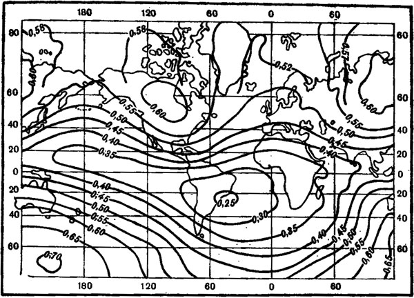 Рис. 2. Карта изолиний величины индукции геомагнитного поля (ГС) на 1945 г.