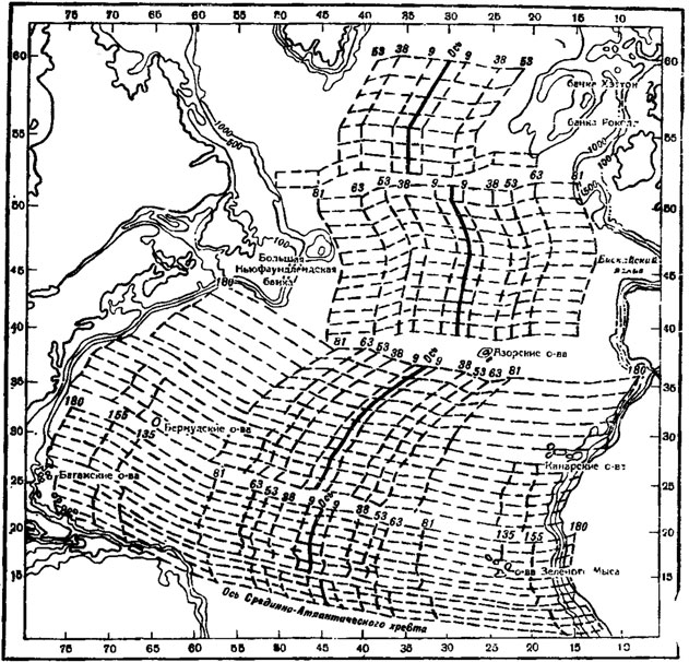 Рис. 40. Карта значений возраста дна Северной Атлантики (по У. Иитмену и М. Тольванн (1972))