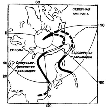 Рис. 45. Траектории движения Северного полюса относительно Европы и Северной Америки за последние 400 млн. лет