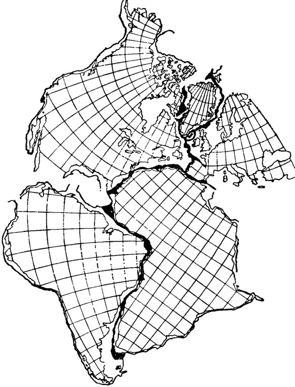 Рис. 46. Совмещение границ приатлантических континентов (по Э. Булларду, Дж. Эверетту и А. Смиту (1965))