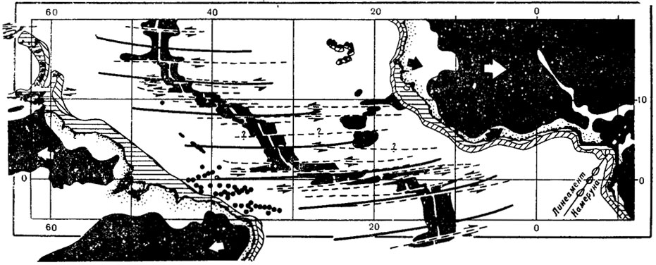 Рис. 49. Система трансформных разломов на искривлении срединно-океанского хребта в экваториальной Атлантике и их соответствие мгновенным параллелям с полюсом в точке 62 с. ш. и 36 з. д. (по Б. Хизену и М. Тарпу (1965))